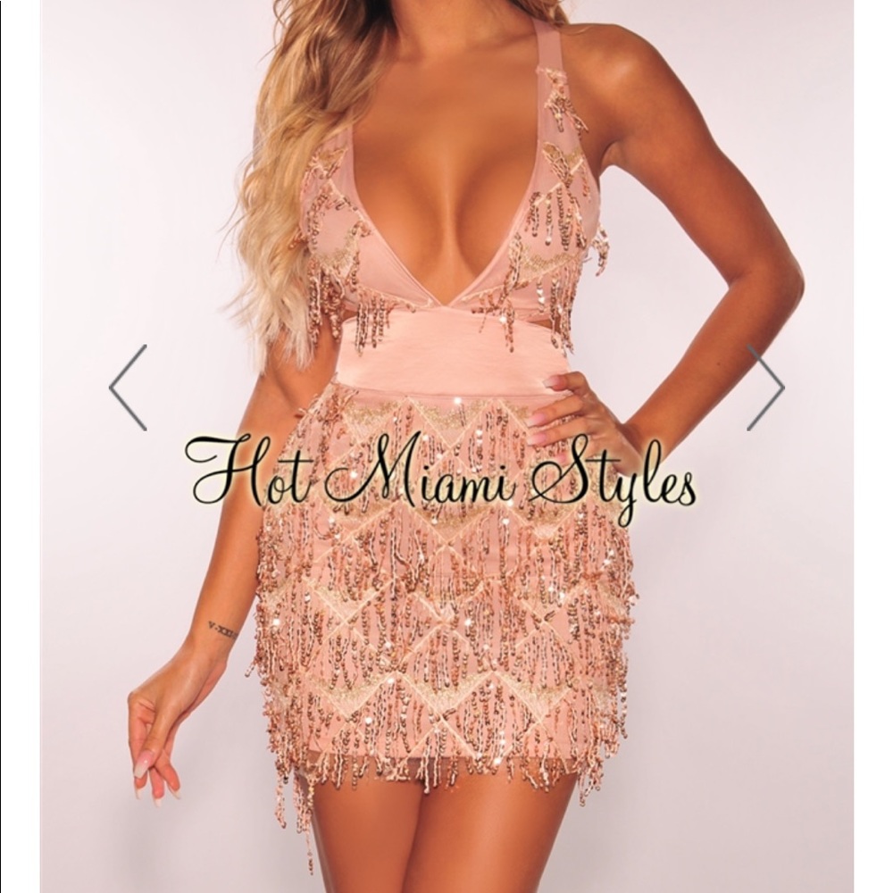 SOLD—Rose Gold Flowing Sequins Halter Dress